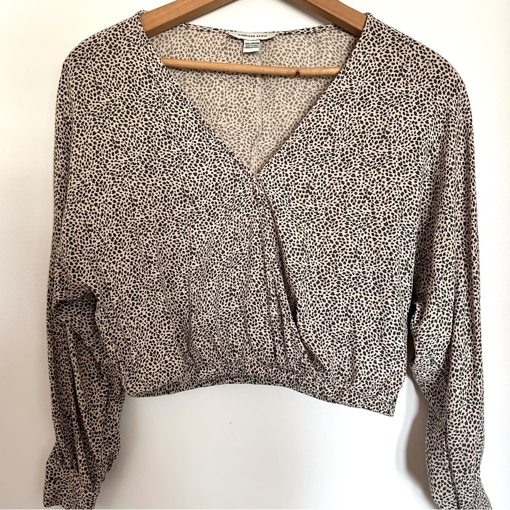 American Eagle Leopard Animal Print Wrap Front Cropped Long Sleeve Top XXS